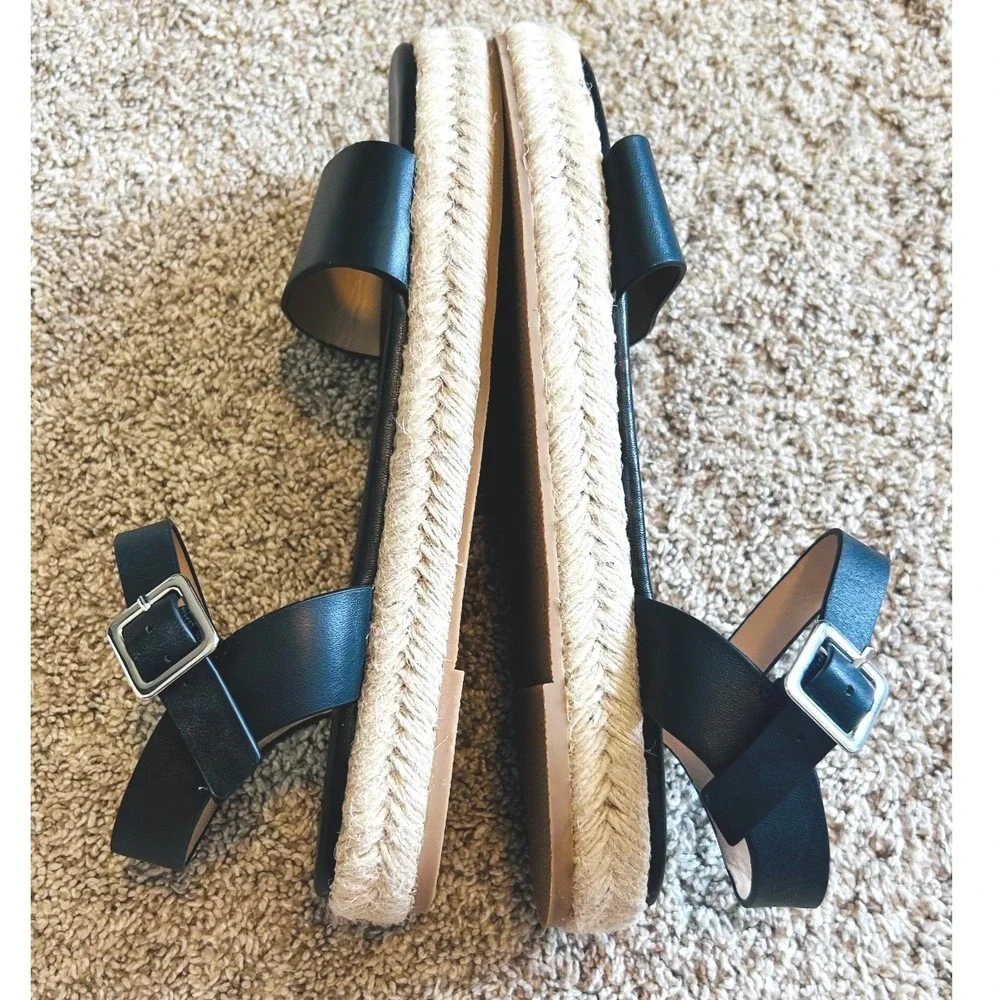 Saks Fifth Avenue Boho Black Leather Espadrille Platform Ankle Sandals SZ 9